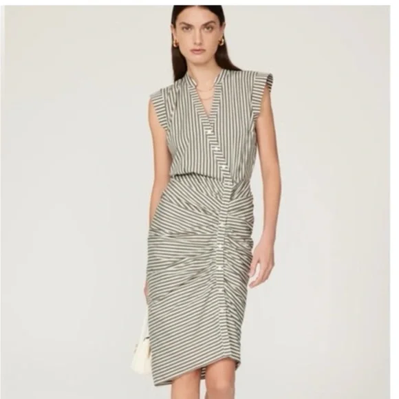 Veronica Beard Ruched Striped Shirtdress White & Olive Green Size 8 - Picture 1 of 13
